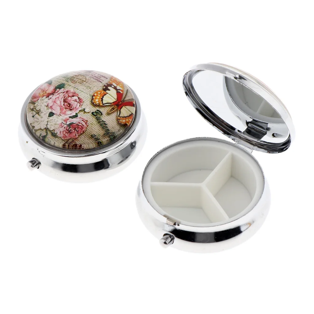 Round Floral Pill Storage Case Travel Portable Box for Makeup Eyeshadow Blusher Nail Art Glitters with 3 Compartments