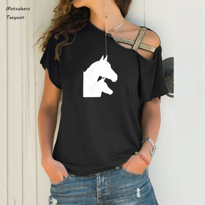 

Casual new summer women horse family graphic t shirts Short Sleeve sexy Irregular shoulder shirts women Large size 5xl Tee Tops