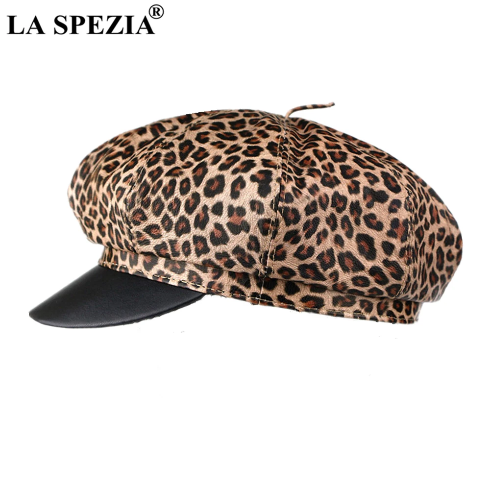 LA SPEZIA Leopard Newsboy Cap Winter Hats for Women Genuine Leather Painter Hat Real 100% Sheepskin Autumn Winter Ladies Beret