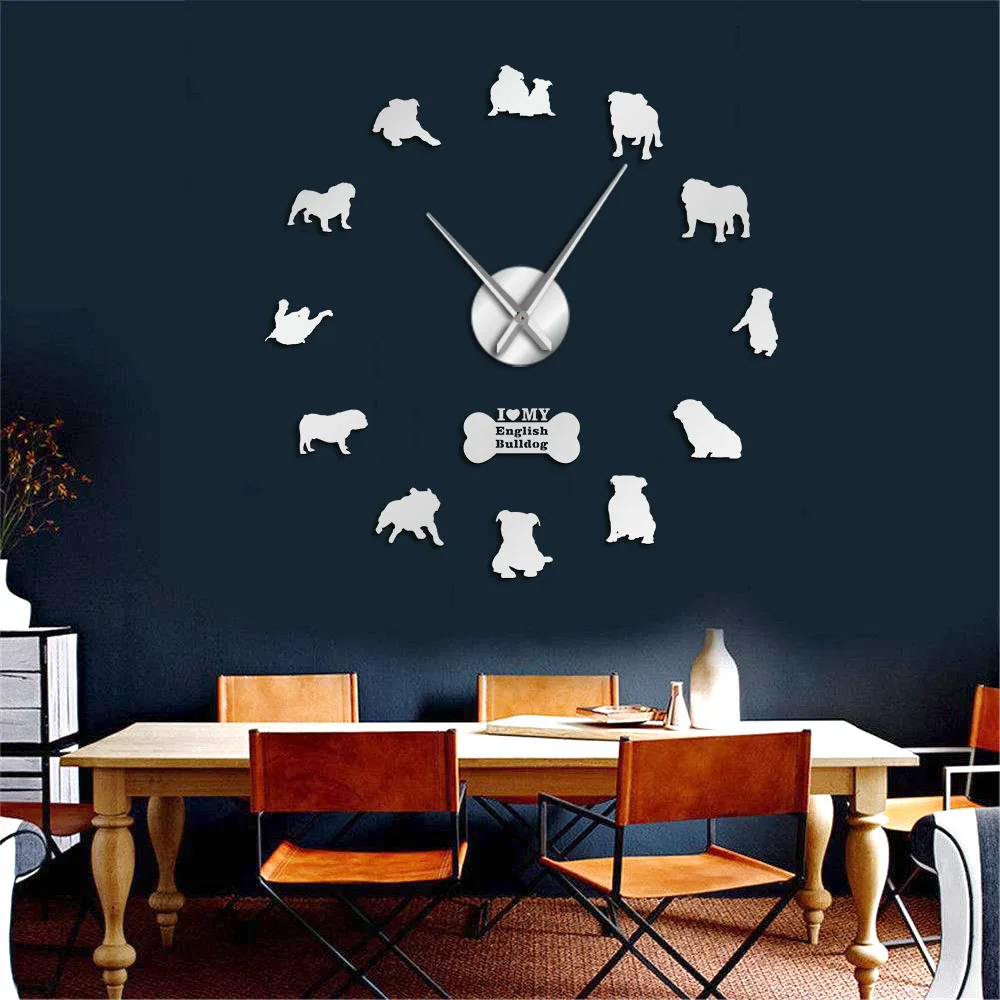 Billige Englisch Bulldog Wohnkultur Wanduhr British Bulldog Silhouetten Wand Kunst DIY Große Wanduhr Uhren Große Zeit Wanduhr