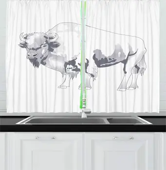 

White Purpleblue Bison Kitchen Curtains Hand Drawn Inspired Monochrome Sketch Buffalo American Inland Plains Window Drapes