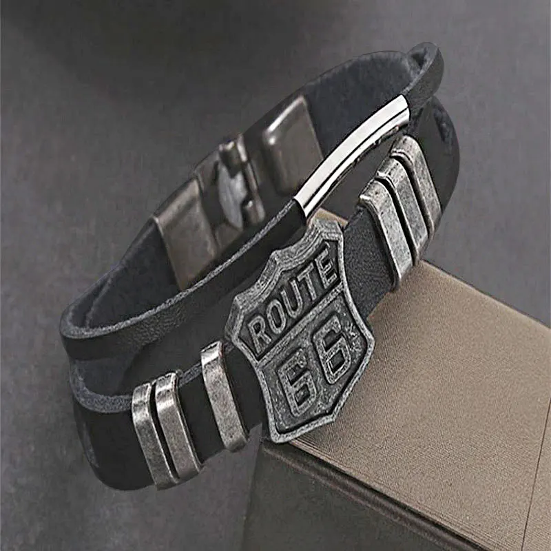 Route 66 Retro Leather Men's Wrist Bracelet Black Cuffs Pulse Wristband Men Accessories Festival Gift leather bracelet leather bangle