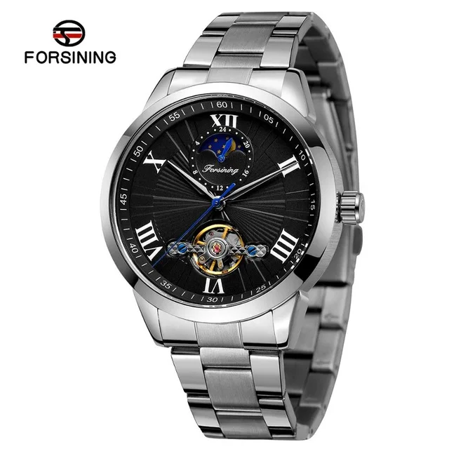 FORSINING Relogio Masculino модные классические автоматические механические часы мужские часы из нержавеющей стали с турбийоном и фазой Луны наручные часы - Цвет: silver gold
