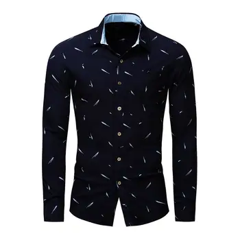 

Plus Size Men Feather Print Turn Down Collar Long Sleeve Shirt Slim Buttons Top