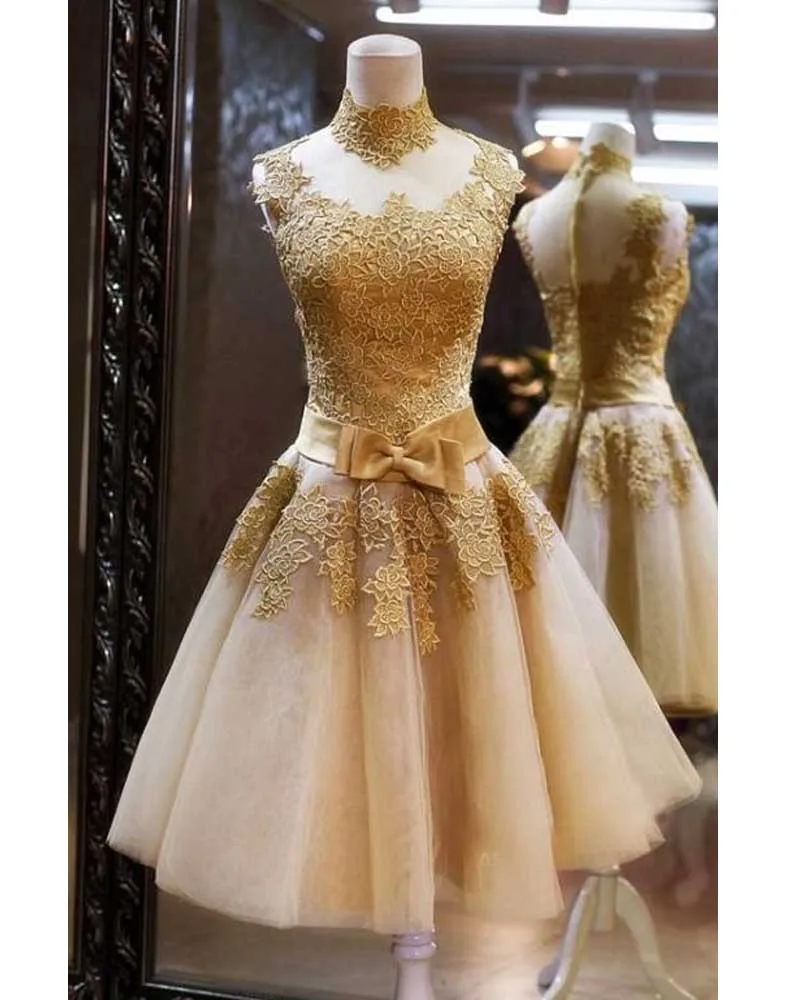 

High Neck Gold Lace Short Homecoming Dresses 2023 Tull Short A-line Backless Short Party Dress Prom Dresses 2016