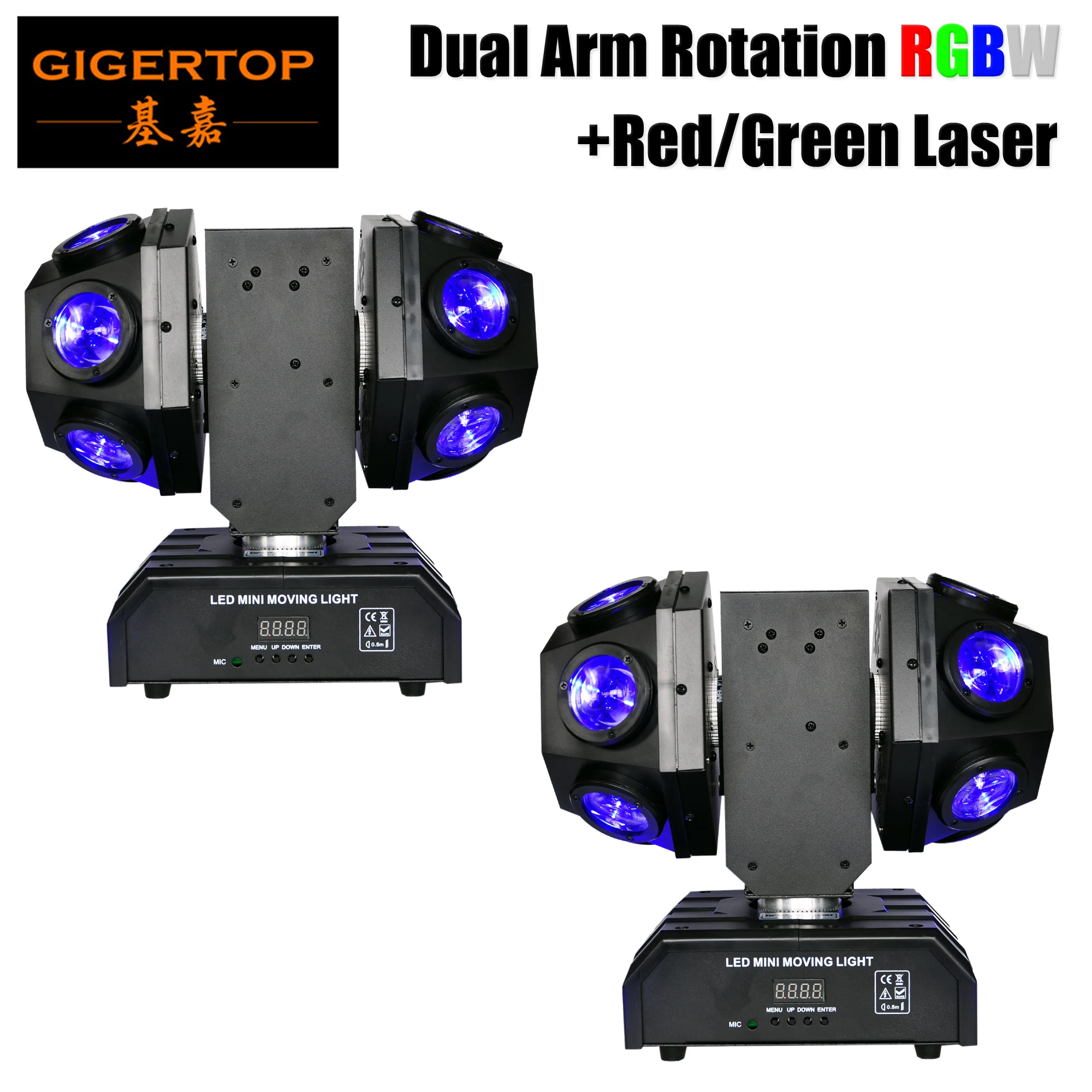 

Gigertop TP-L683 12x10W RGBW Dual Arm Endless Rotation Mini Led Moving Head Light Red Green Laer 17/20 DMX Channels Super Beam