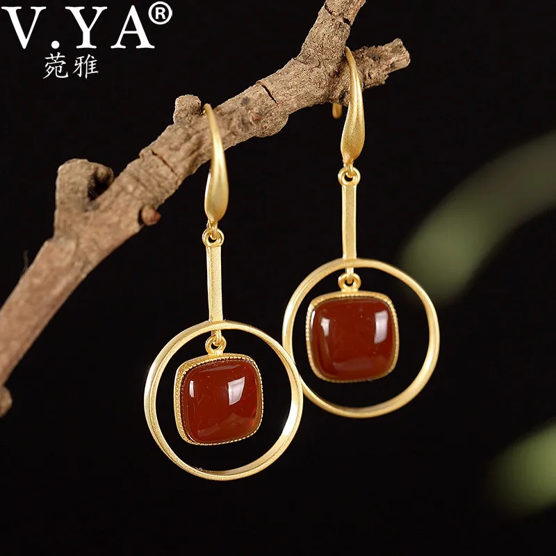 

V.YA Natural Stone Drop Earrings Real 925 Sterling Silver Red Agate Earrings for Women Handmade Fine Jewelry