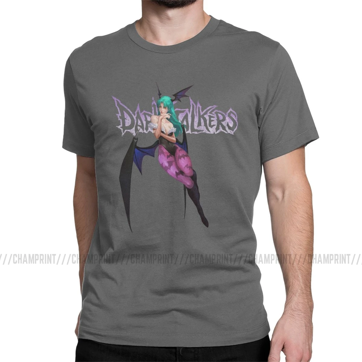 Morrigan Aensland Darkstalkers футболка для мужчин хлопок Забавные футболки вампирская игра аниме 80s Fighter футболки с изображением летучей мыши короткий рукав - Цвет: Темно-серый