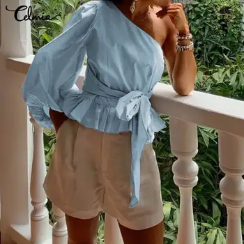 

Top Fashion Women Sexy One Shoulder Ruffles Blouse Celmia Female Lantern Sleeve Casual Shirts Elegant OL Bow Blusas Mujer S-5XL