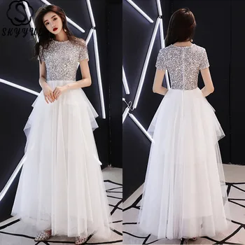 

Skyyue Tiered Evening Dress A-Line Sequined O-Neck Robe De Soiree Short Sleeve Plus Size Tulle Ruched Formal Gowns LX1274