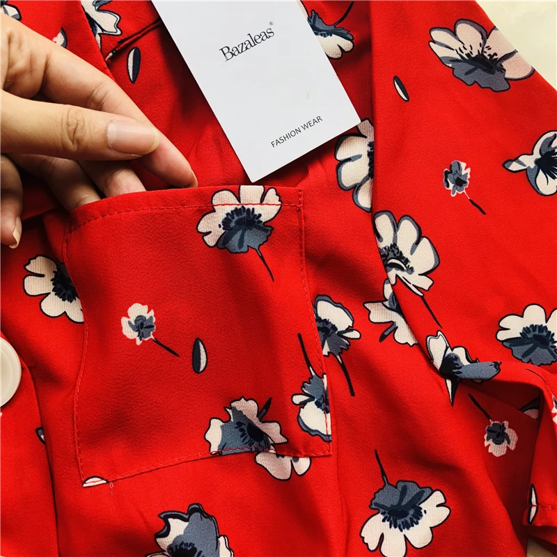 Bazaleas элегантный красный цветочный принт женские топы и блузки Франция женская блузка Франция центр 3 пуговицы рубашки Прямая