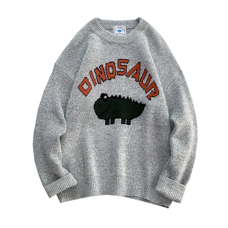 Dinosaur Men's Sweater Winter Pullover Couple  Student Sweater Men's Thicken Personality Round Collar Couple Embroidered Sweater