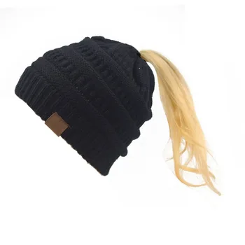 

Women black Soft Knit CC Ponytail Beanie Hat Messi Bun Winter Cap Female Warm Cap Fashion Knitted Woolen Horsetail knitted Hats