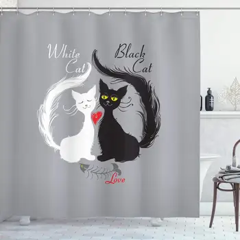 

Cat Shower Curtain, Pair of Cats in Love Having Eaten Fish Red Heart Romantic Black and White Kitties, Cloth Fabric Bathroom