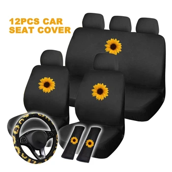 

12PCS Car Seat Cover Set Winter Steering Wheel Cover Sunflower Print All Year Round Use Seat Case Set