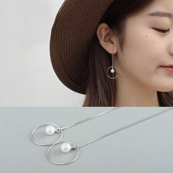 

925 Sterling Silver Stud Earrings For Women Round Circle With Genuine Freshwater Pearl Long Ear Line Fine Jewelry Fashion
