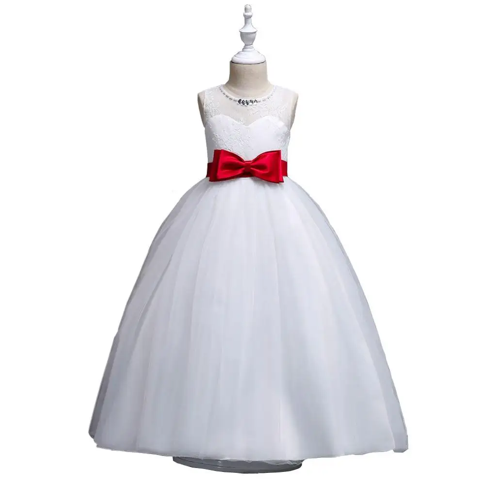 

White Lace Flowe Girl Dresses Girls Dress for Wedding Elegant with Bows Floor Length Beading Neck Sleeveless