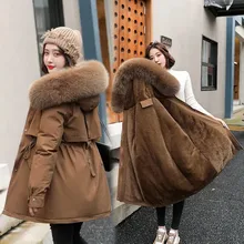 2021 nova jaqueta de inverno das mulheres parka moda longo casaco de lã forro com capuz parkas fino com gola de pele quente neve usar roupas acolchoadas