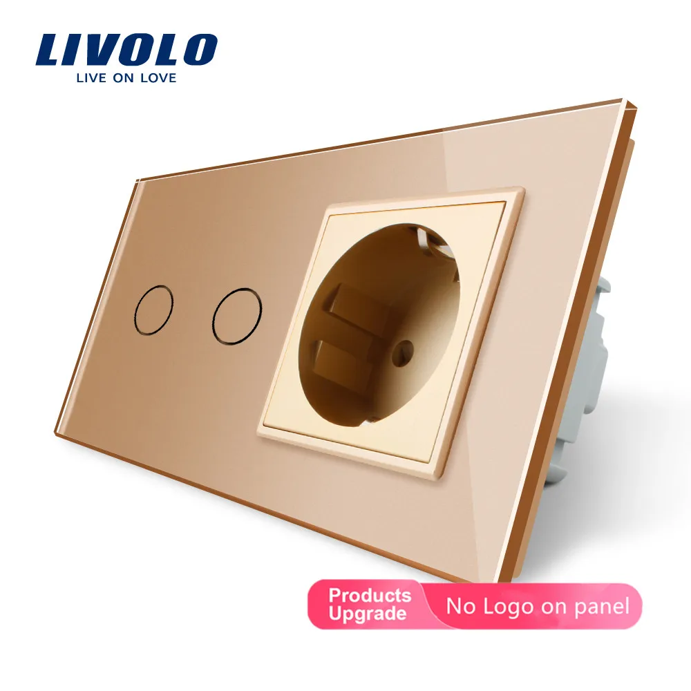 Livolo 16A ЕС стандартная настенная розетка с сенсорным выключателем, AC220~ 250 В, 7 цветов кристальная стеклянная панель, C702-C7C1EU-11, без логотипа - Тип: Gold-No logo