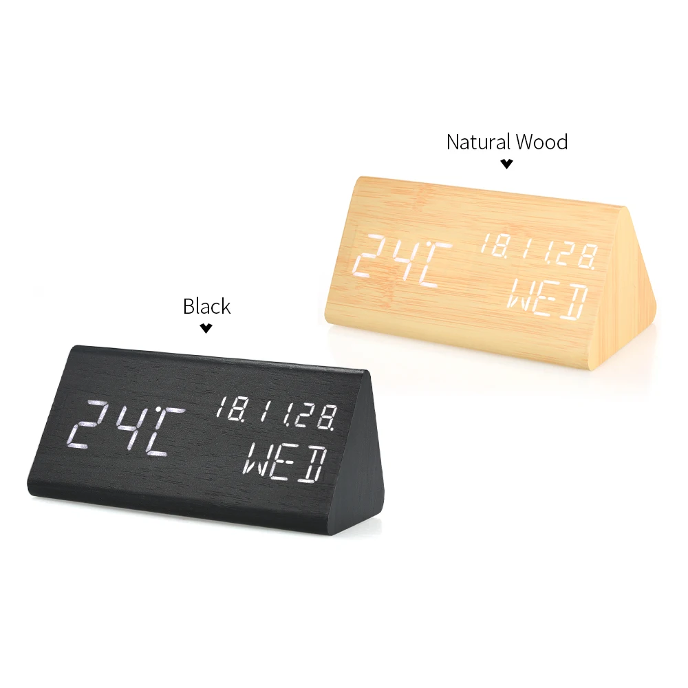 

Hot Triangular Wooden LED Digital Sound Control Alarm Clock USB/Battery Powered Dimmer Thermometer Clock 3 Alarms Weekday Alarm