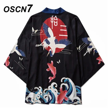 

OSCN7 Printed Kimono Cardigan Shirt Men 2020 Japanese Streetwear Three Quarter Sleeve Coat Shirts Harujuku Mens Shirt 7114