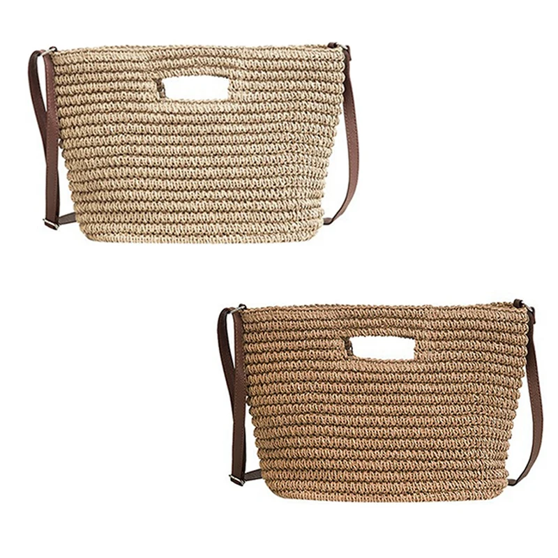 

2Pcs Women Summer Weave Straw Beach Shoulder Bucket Handbags Tote(Khaki&Beige)