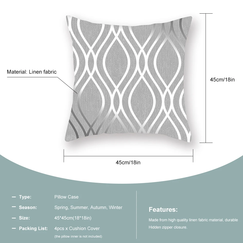 4Pcs/Set New Geometric Printed Pillow Case Cusion Cover Gray Waist Square 45cm*45cm Linen Pillowcase Home Decorative