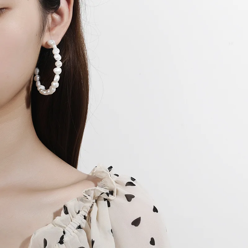 Exaggerated Arc Hoop Earring 925 Sterling Silver Jewelry Irregular Baroque Pearl Big Earring Elegant Women Fashion Earring