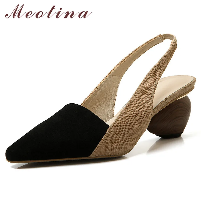 

Meotina High Heels Women Pumps Natural Genuine Leather Strange Style High Heel Slingbacks Shoes Sheepskin Pointed Toe Shoes Lady