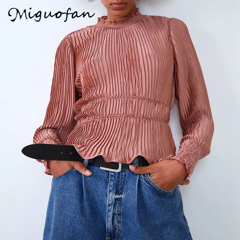 Miguofan женская блузка, рубашки, плиссированная однотонная блузка, рубашки с длинным рукавом, кружевные топы, Офисная Женская блузка, женская рубашка