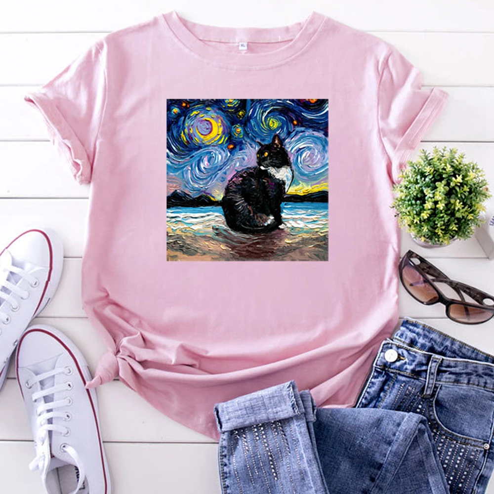 

Womens T Shirts Beautiful Starry Cats Printing T-Shirts For Woman Casual Korean Style Women Tshirt Vintage Crewneck Tee Shirts