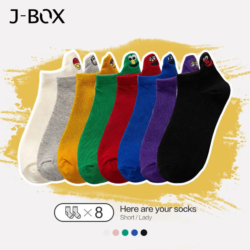 

J-BOX 3 Pairs Women Socks Embroidered Expression Short Happy Fashion Ankle Funny Socks Summer Female Face Causal Sox
