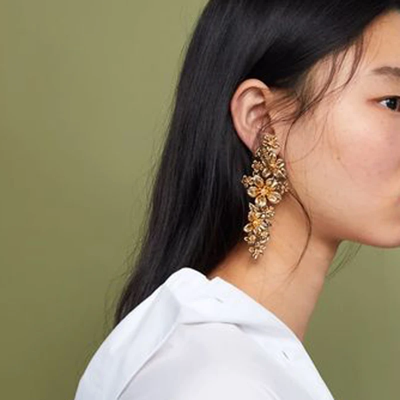 Роскошный длинный большой цветок кулон из золота и серебра серьги для женщин