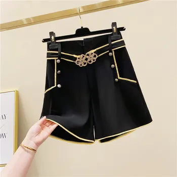 

Black High Waist Rivet A- Line Shorts Female Summer Korean Style Chiffon Wide-Leg Casual Black Shorts Female Clothes