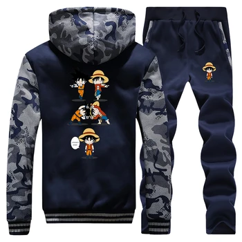 

One Piece Luffy Jacket Pant Set Winter Men Dragon Ball Super sai yan Hoodie Sweatshirt Tracksuit Suit Thick Camo Coat Streetwear