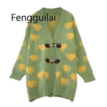 

2020 Autumn Winter Sweater Coat for Women open Stitch Sweet Heart Knitted Long Jacket Horn buckle Warm Long Cardigans