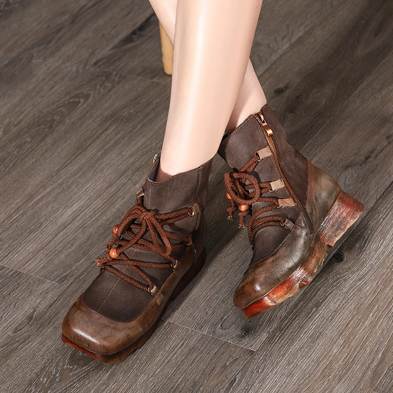 

VALLU Genuine Leather Shoes 2019 Autumn Winter New Flat Platform Boots Square Toes Handmade Cowhide Retro Lace Up Ankle Boots