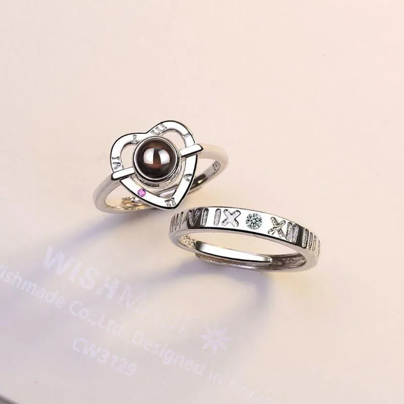 

925Silver Rose Heart Shape Silver Ring with 100 Languages I Love You Projection Ring Romantic Love Memory Wedding Ring Jewelry