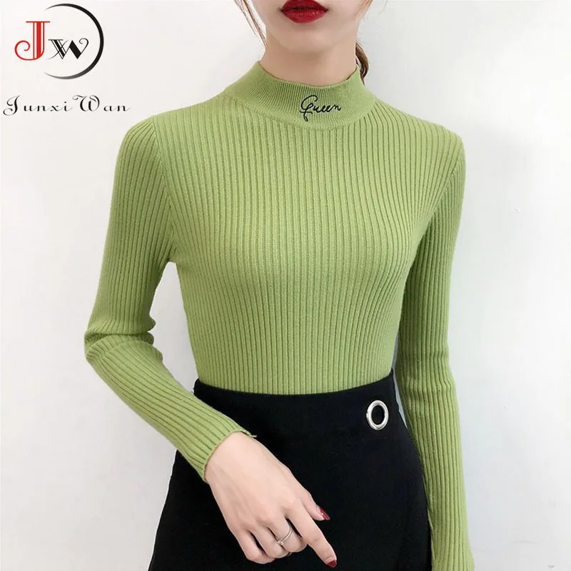 

2019 Winter Clothing Women Slender Tableware Letter Coltrui Fried Trui Casual Herfst Avocado Green Trui pull femme