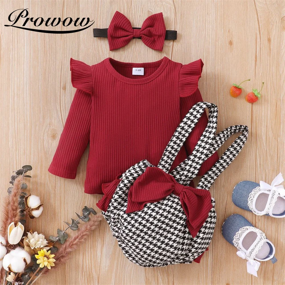 

Prowow 3Pcs Baby Girl Clothes Elegant Kids Toddler Girls Costume Flying Sleeve Bobysuit+Bowknot Overalls Cute Children's Outfits