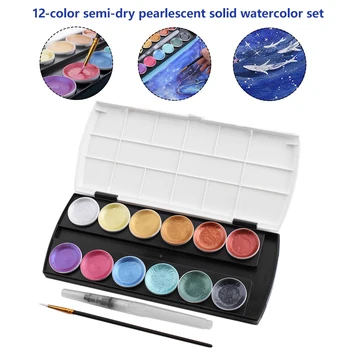 

12 Colors Watercolor DIY Drawing Solid Pigment Metallic Glitter Students Watercolor Paint Set School With Box Art Stationery