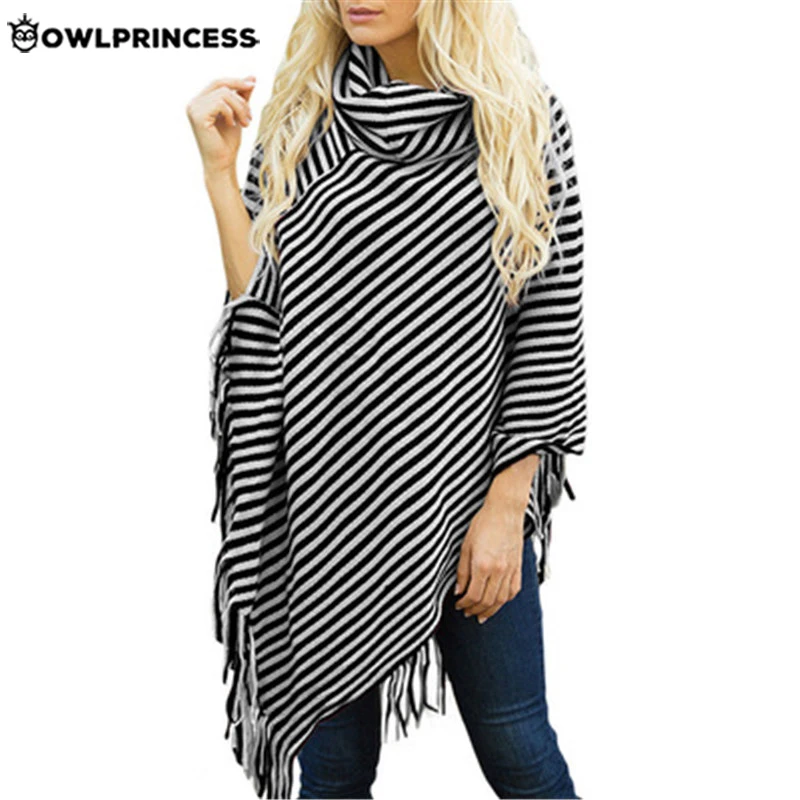 

OWLPRINCESS New Fashionable Black and White Stripe Turtleneck Women's Sweater Loose Tassel Warm Winter Cloak Sweater Pullover