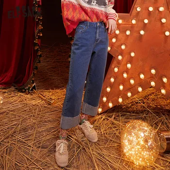 

ELFSACK Blue Solid MInimalist Washed Loose Casual Jeans Woman 2020 Winter New Korean Straight Leg Office Ladies Basic Daily Pant