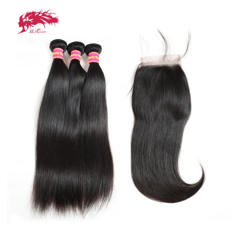

Straight Bundles With Transparent HD Swiss Lace Closure PrePlucked 3/4pcs Brazilian Virgin Remy Hair Weave Bundles With Closure