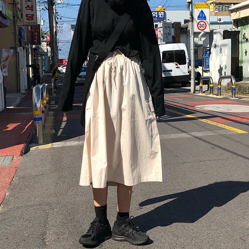 

2 colors Autumn High Waist A line Skirts womens 2019 solid color high elastic waist long Skirts womens with pocket (F3835)