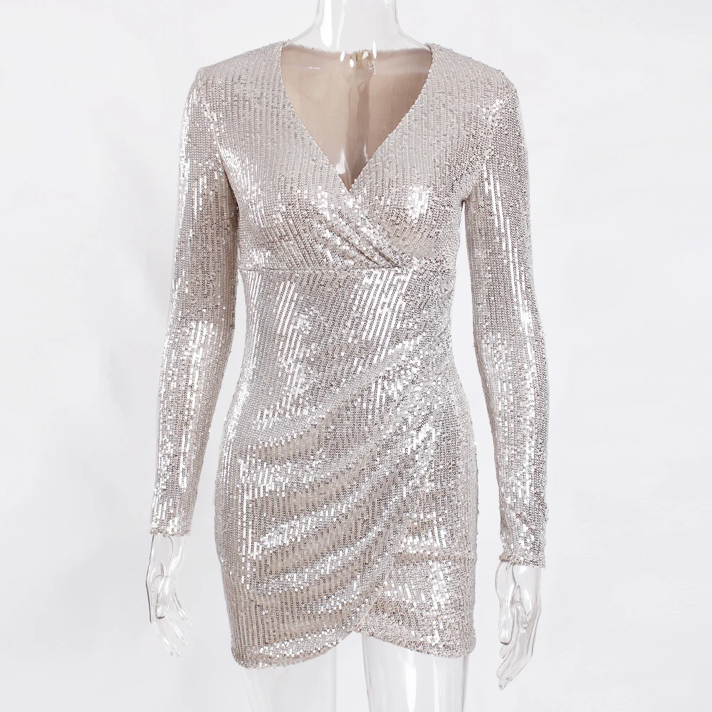 V образным вырезом Серебряный мини-платье с блестками плиссированные короткое, обтягивающее платье с длинными рукавами осенние платья на вечеринку