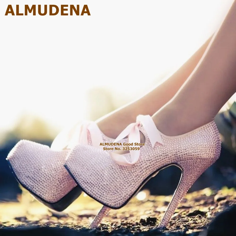 

ALMUDENA Bling Bling Pink Crystal Wedding Shoes Thin High Heels Ribbon Lace-up Dress Pumps Platform Elegant Banquet Shoes Size46