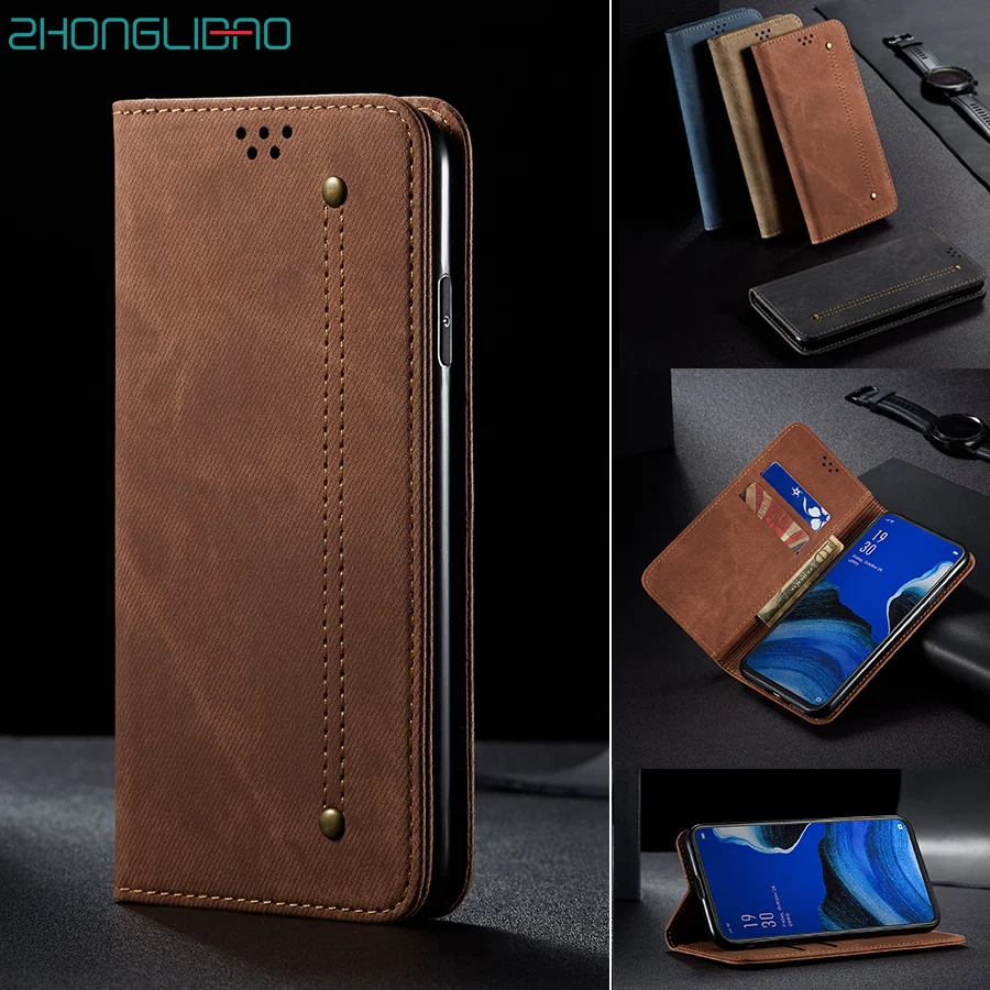 Джинсовый кожаный флип чехол для OPPO F11 A9 RENO 2 2F 2Z Coque Магнитный Роскошный держатель