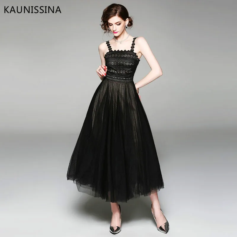 

KAUNISSINA Sexy Tulle Long Evening Dress Backless A Line Spaghetti Strap Special Occasion Prom Gowns with Lining Evening Robe