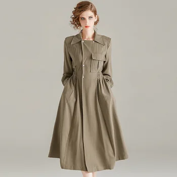 

Spring Dress 2020 Women's Autumn New Office Lady Fashion Turndown collar Long sleeve Solid color Elastic waist A Line Dress